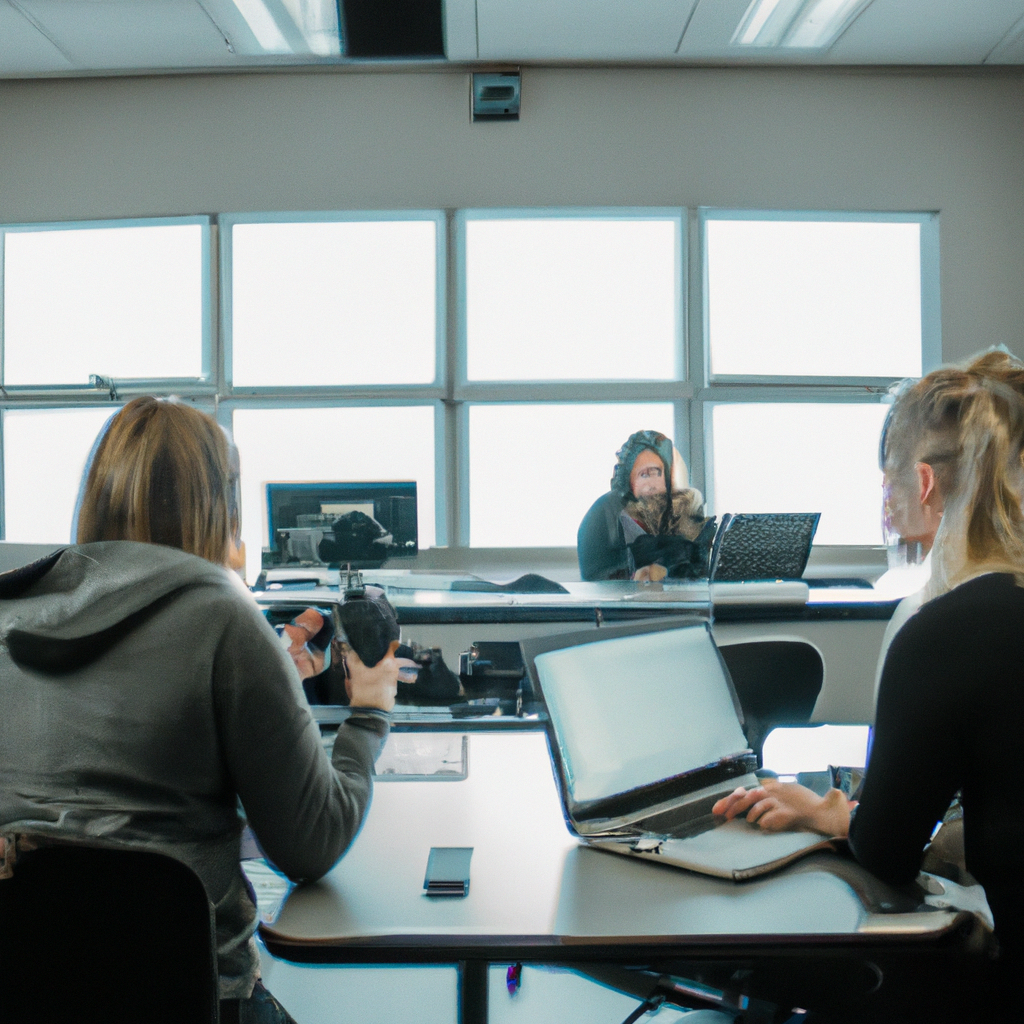 Clean classroom with students on laptops in a light-filled Canadian journalism lab