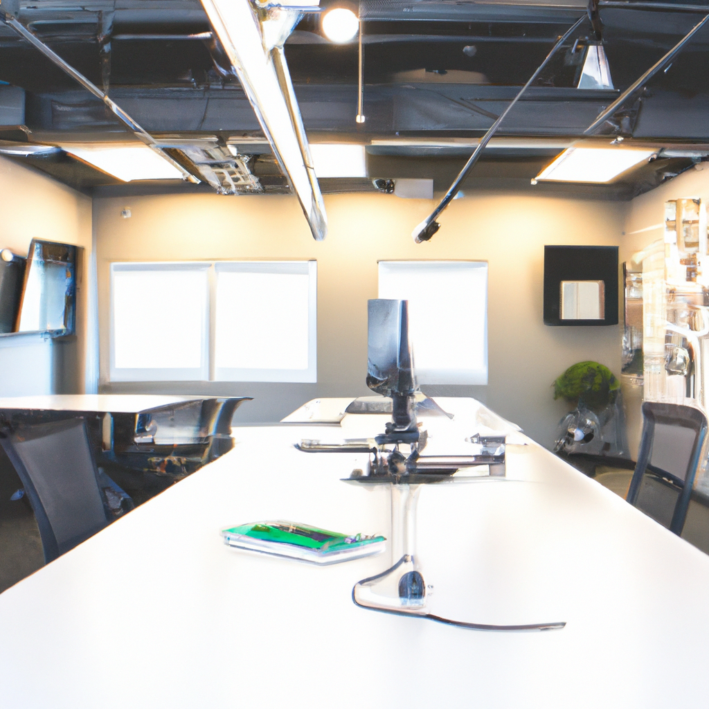 Minimalist modern Canadian newsroom with glass desks, soft natural light, professional cameras, students collaborating