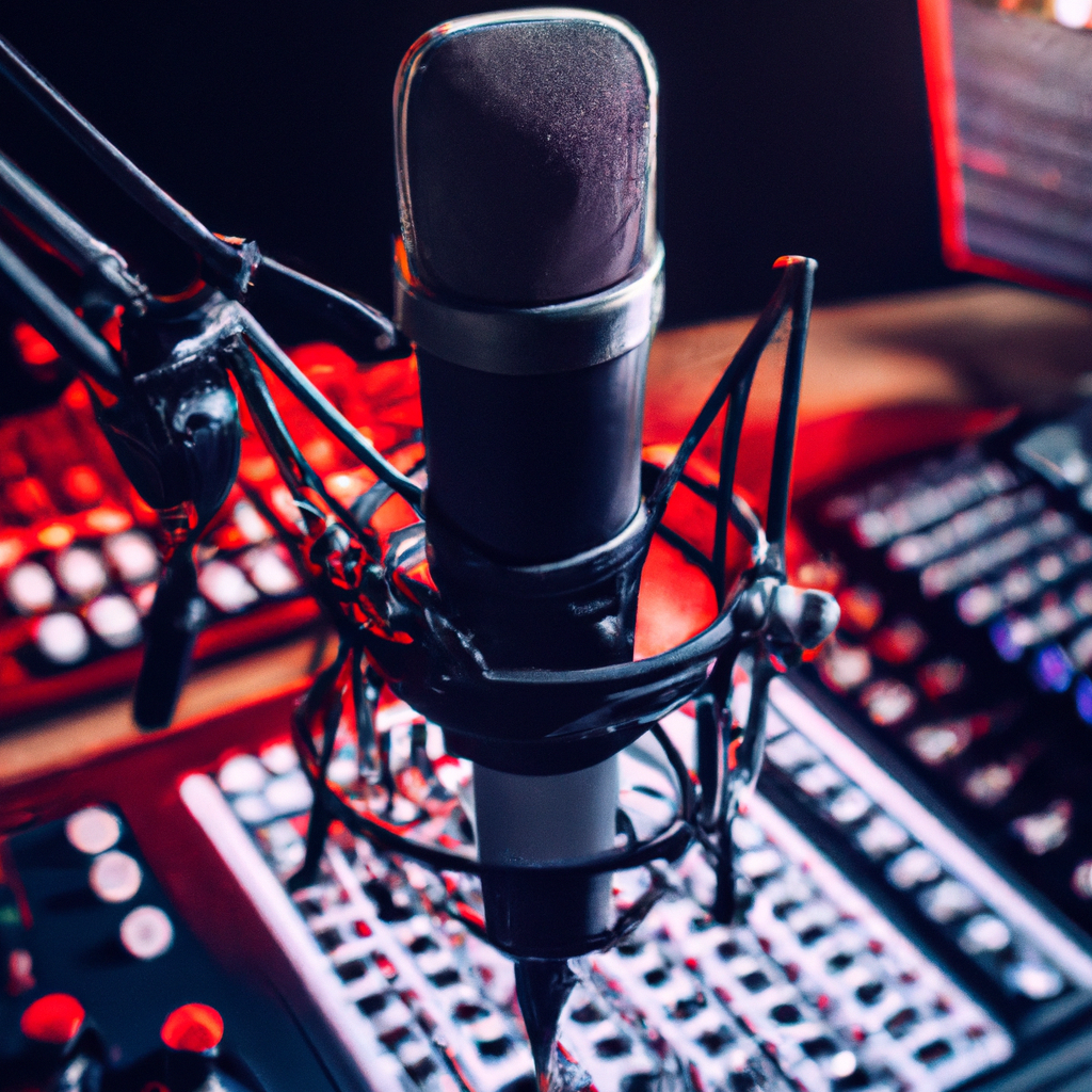 Audio studio with broadcast microphones and mixing console closeup