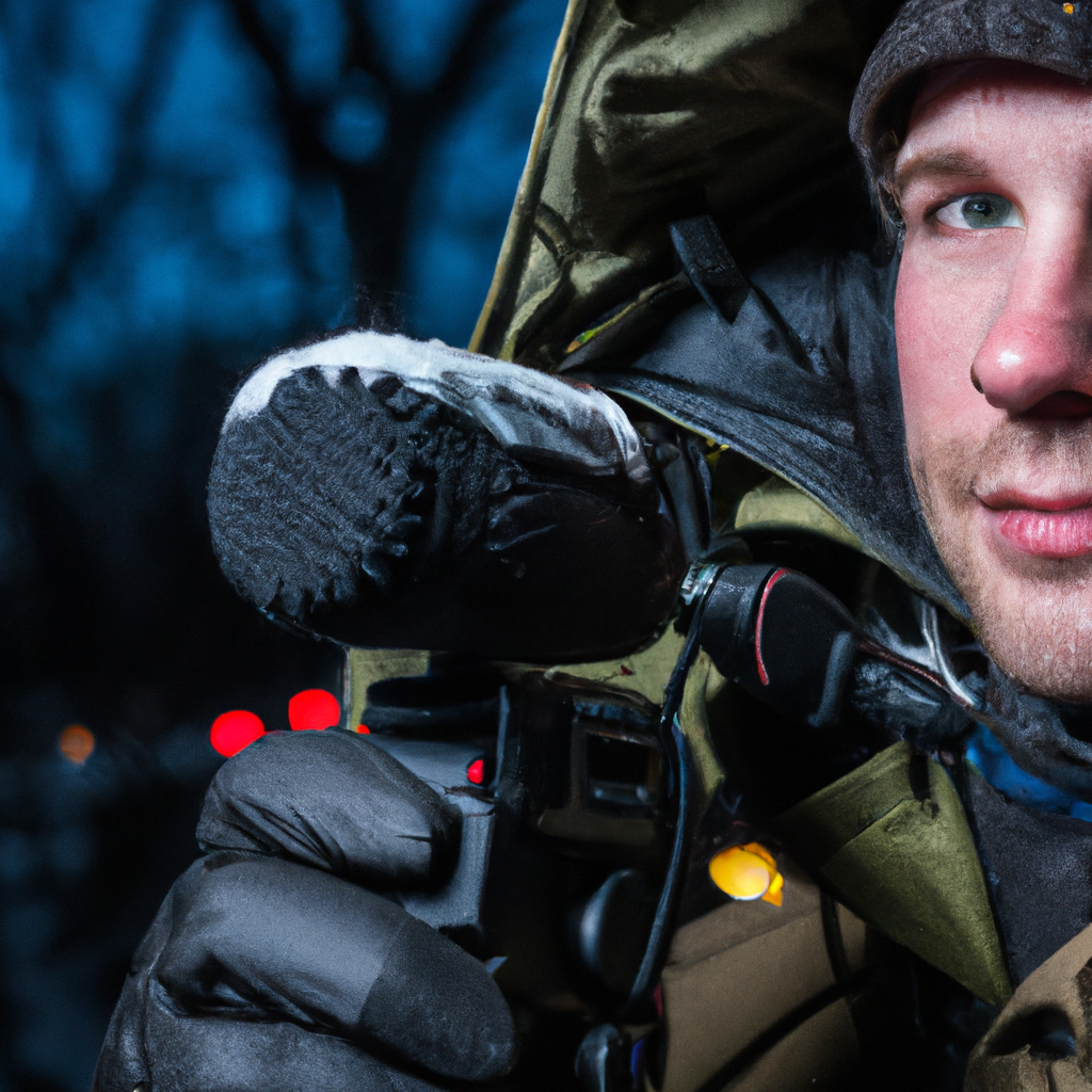 Field reporting scene in a snowy Canadian city with interview setup and broadcast camera
